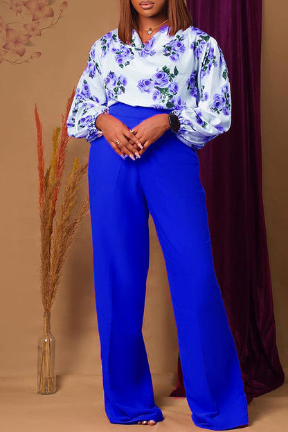 Flower Print Cowl Neck Blouse & Wide Leg Pants Set