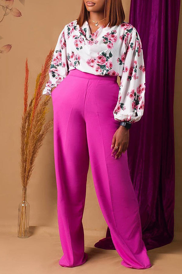 Flower Print Cowl Neck Blouse & Wide Leg Pants Set