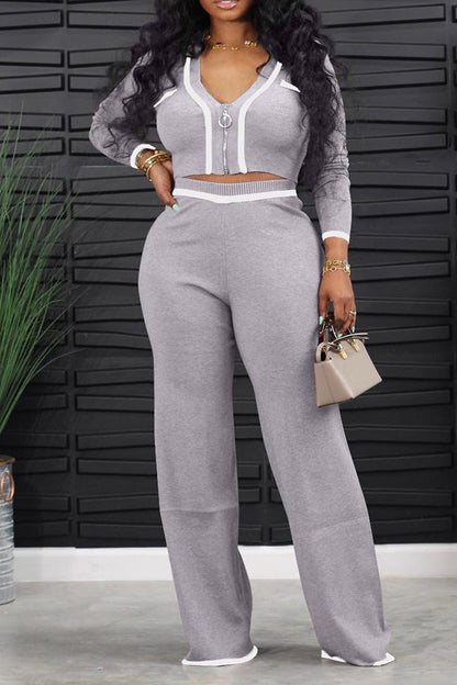 Rib-knit Two Tone Zip Top & Pants Set