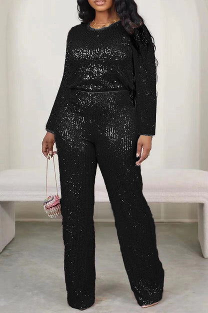 Glittery Round Neck Sequin Top & Pants Set