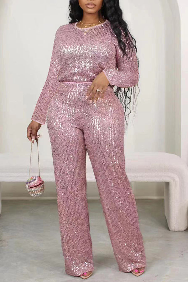 Glittery Round Neck Sequin Top & Pants Set