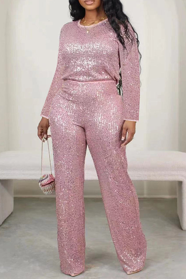 Glittery Round Neck Sequin Top & Pants Set