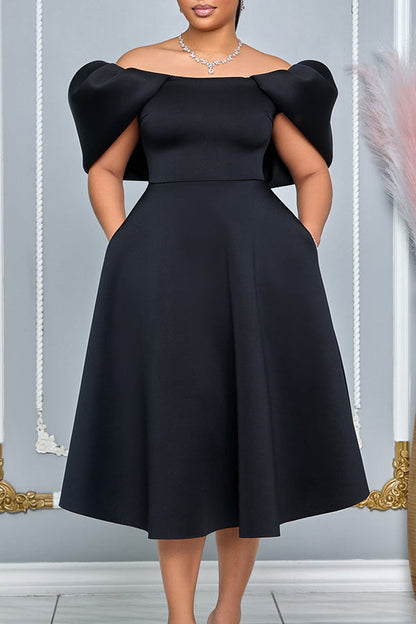 Elegant Solid Puff Sleeve A-line Dress