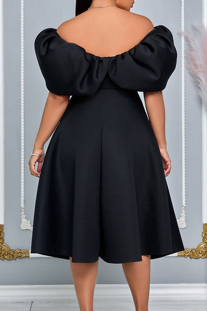 Elegant Solid Puff Sleeve A-line Dress