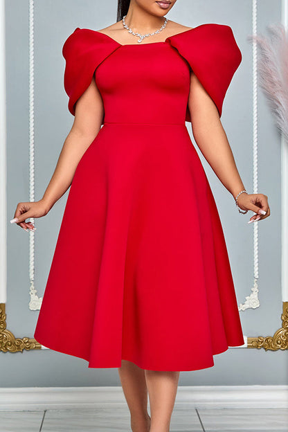 Elegant Solid Puff Sleeve A-line Dress