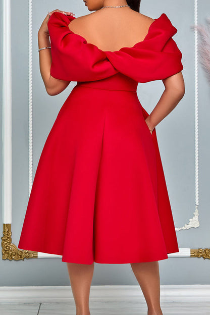 Elegant Solid Puff Sleeve A-line Dress