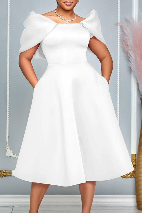 Elegant Solid Puff Sleeve A-line Dress