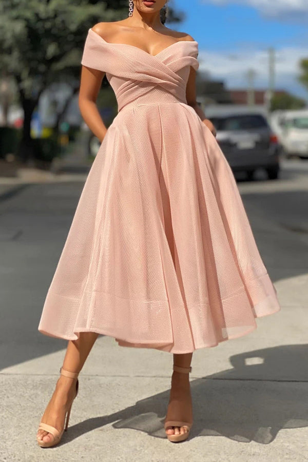 Elegant Mesh Off Shoulder Midi Dress