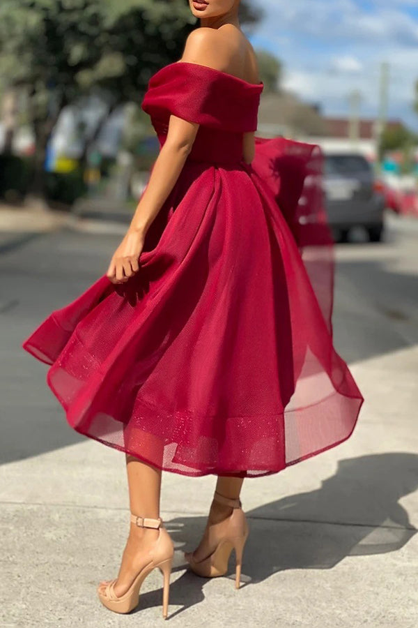 Elegant Mesh Off Shoulder Midi Dress