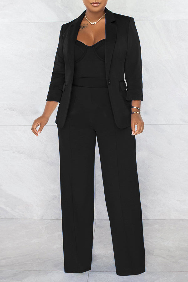 Lapel Collar Blazer & Wide Leg Jumpsuit Set