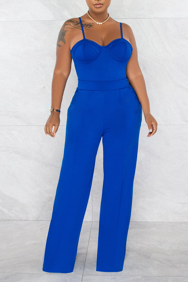 Lapel Collar Blazer & Wide Leg Jumpsuit Set