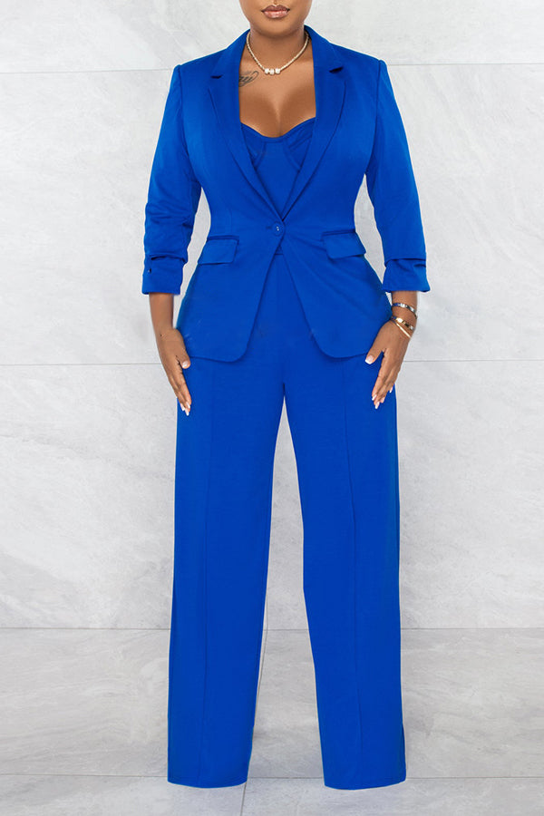 Lapel Collar Blazer & Wide Leg Jumpsuit Set