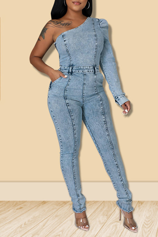 One Sleeve Denim Jumpsuit