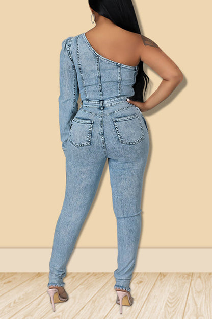 One Sleeve Denim Jumpsuit