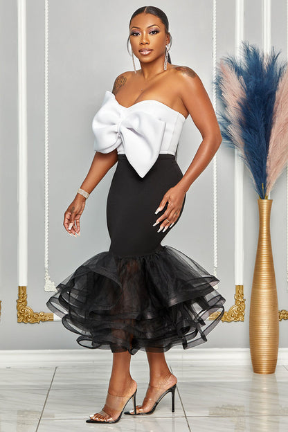 Colorblock Bow Strapless Bodycon Tulle Ruffled Trim Formal Party Matching Sets