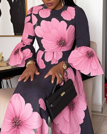 Women Fashion Elegant Formal Round Neck 3/4 Sleeves Floral Pattern Maxi Dress