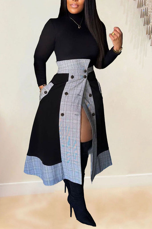 Mock Neck Long Sleeve Top Colorblock Plaid Button Pocket Slit Midi Skirt Matching Set - Black