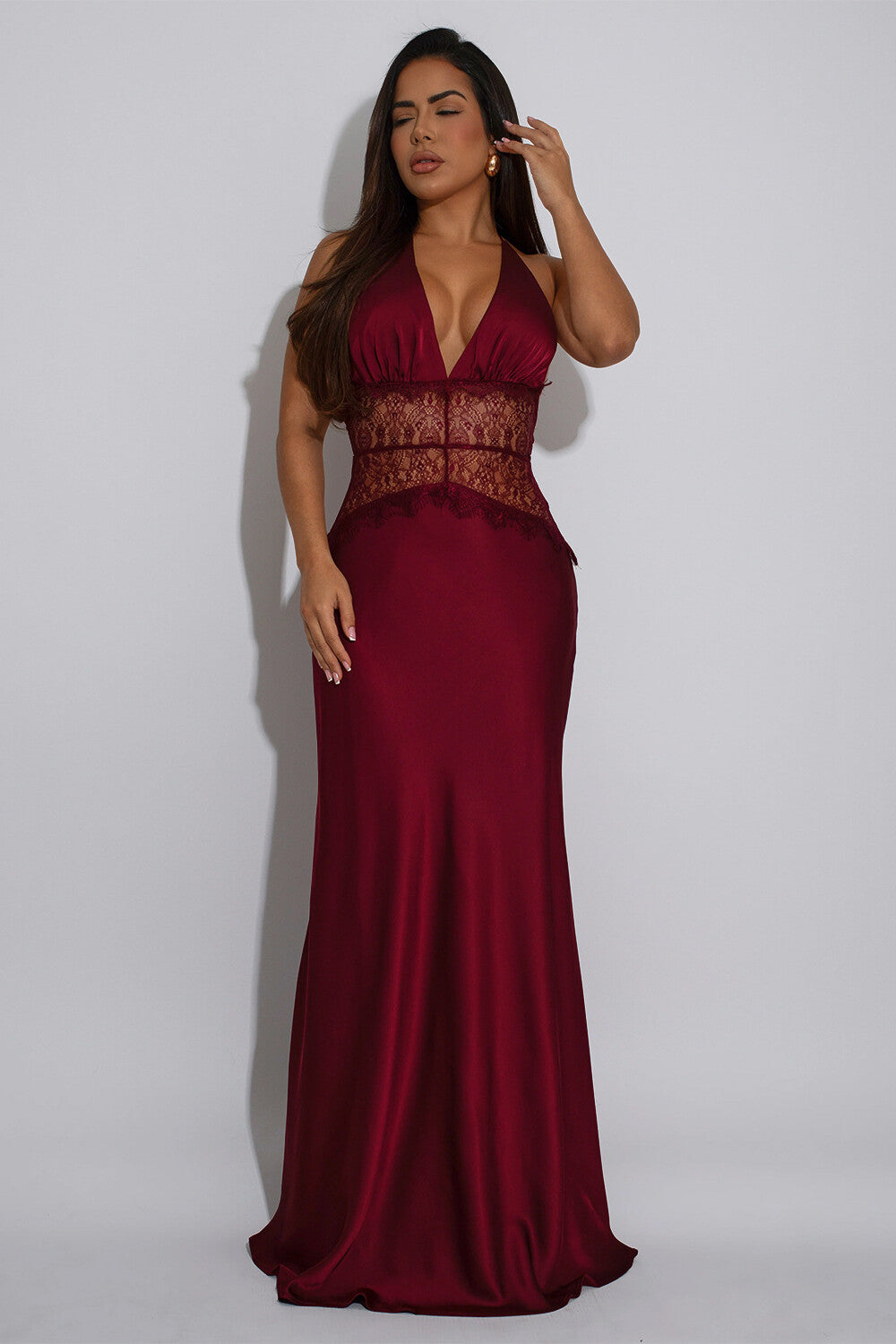 Lace Patchwork Deep V Neck Halter Satin Slim Fit Maxi Dresses-White