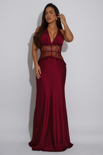 Lace Patchwork Deep V Neck Halter Satin Slim Fit Maxi Dresses-White