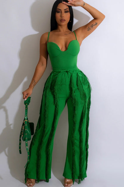 Asymmetric Neck Cami Top Fringed Drawstring Straight Leg Pants Matching Set