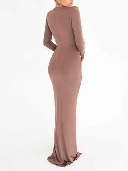 Brown V-neck Long-sleeved Pleated Dress