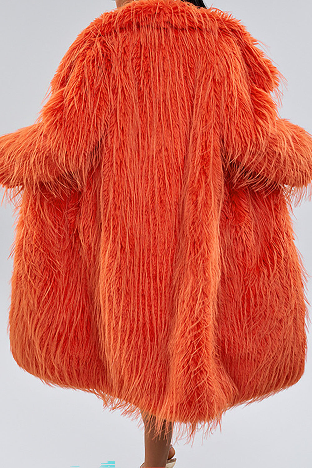 Solid Color Faux Fur Fringed Long Sleeve Overcoat-Orange