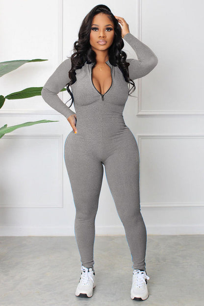 Knit Bodycon Long Sleeve Zipper Sporty Jumpsuit