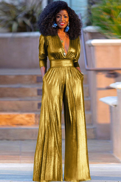 Party Reflective Half Sleeve V Neck Wide Leg Jumpsuit