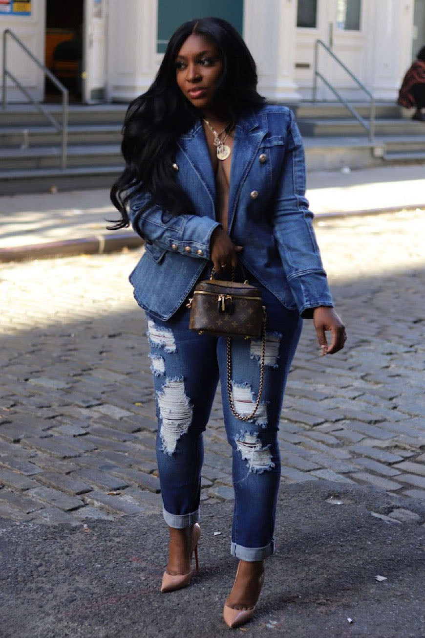 Denim Button Up Pocket Turndown Collar Long Sleeve Jacket Blazer