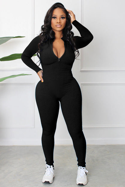 Knit Bodycon Long Sleeve Zipper Sporty Jumpsuit