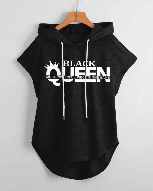 Black Queen Hem Drawstring Hooded Tee