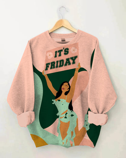 It's Friday So Cool Letter Cartoon Print Long Sleeve Sweatshirt