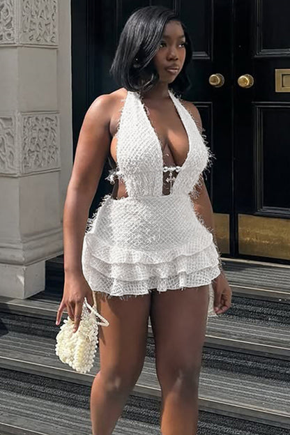 Fluffy Knit Deep V Neck Tiered Ruffled Hem Halter Mini Dresses-White