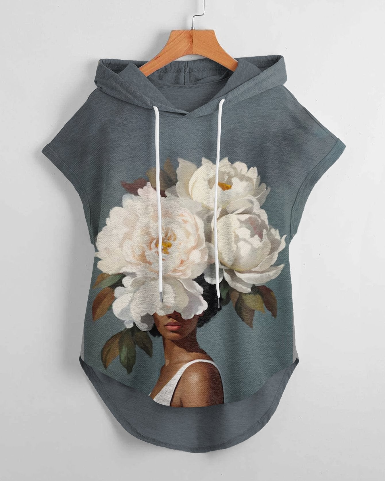 Flower Head Art High Low Hem Drawstring Hooded Tee