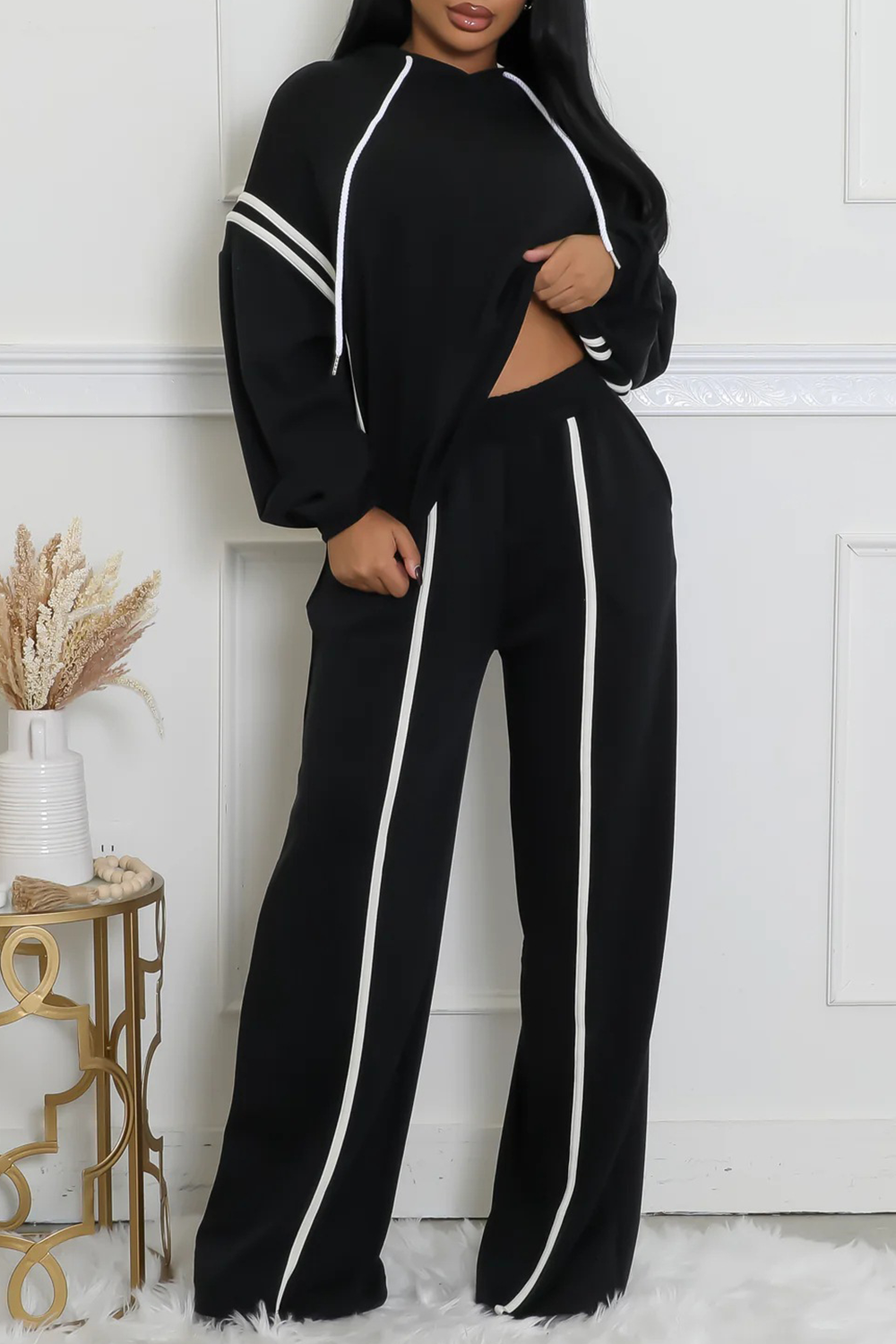 Colorblock Trim Long Sleeve Hoodie Straight Leg Pants Casual 2pcs Set-Black