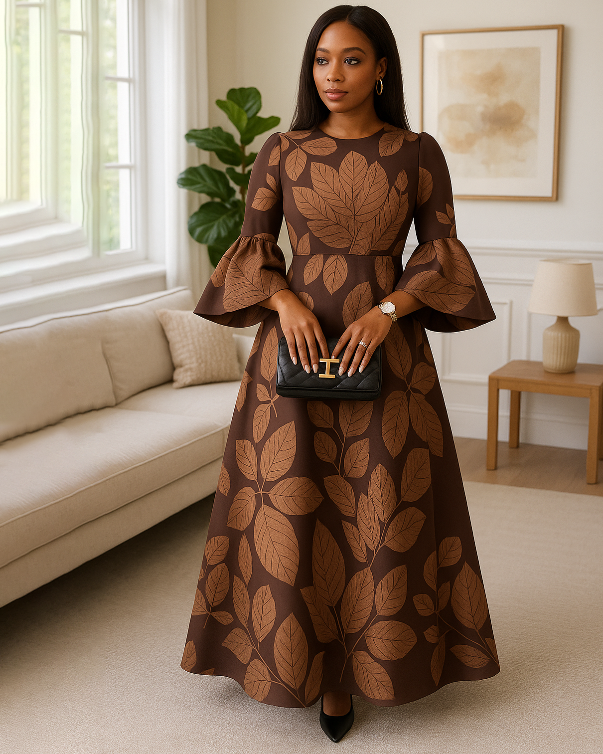Women Fashion Elegant Formal Round Neck 3/4 Sleeves Pattern Maxi Dress