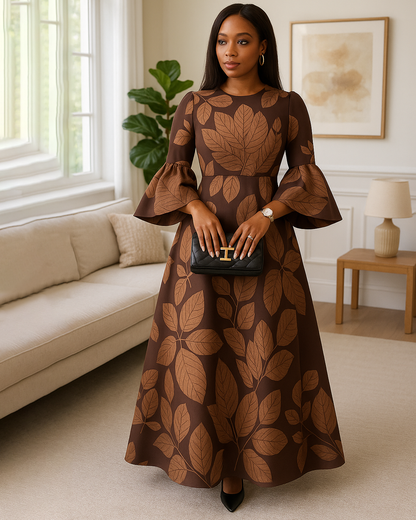 Women Fashion Elegant Formal Round Neck 3/4 Sleeves Pattern Maxi Dress