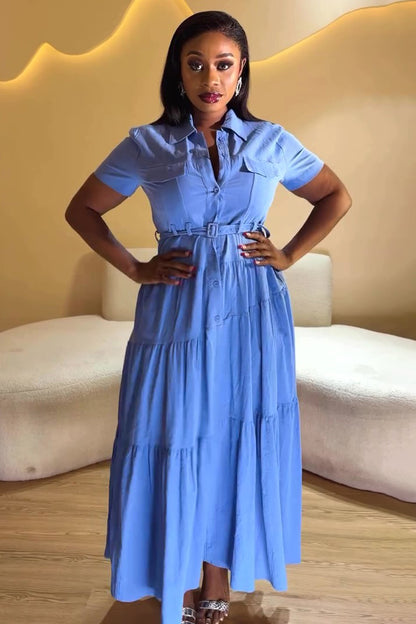 Short Sleeve Button Up Tiered Hem Daily Maxi Shirt Dresses-Blue [Pre Order]