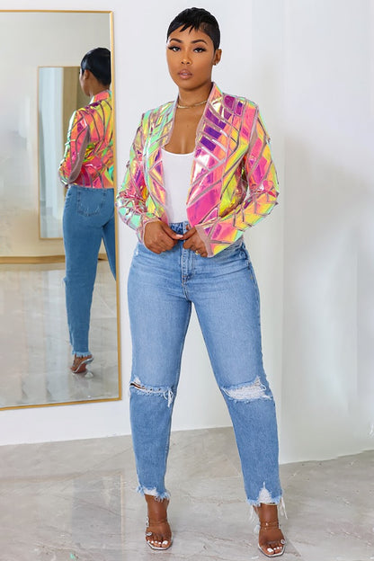 Sequin Patchwork Long Sleeve Birthday Party Crop Blazer