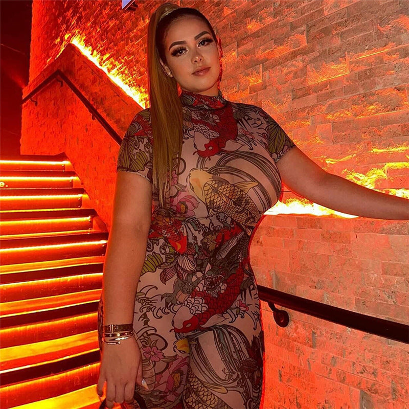 Women's Sexy Backless Fashion Printed Sheer Mesh Jumpsuit