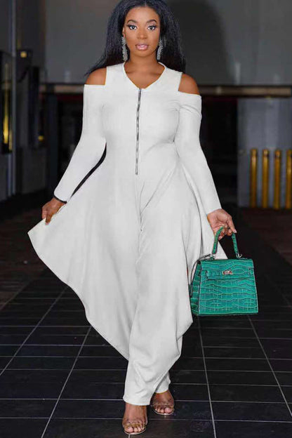 Cold Shoulder Half Zip Irregular Harem Casual Jumpsuit