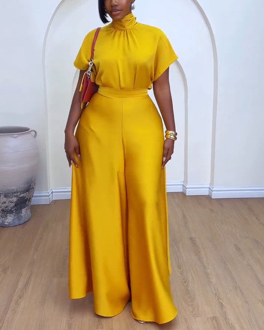 Temperament Commuter Style Satin Silky Strap Flying Sleeve Wide Leg Two-Piece Suit