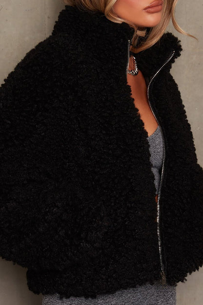 Zip-Up High Neck Long Sleeve Solid Color Fuzzy Coat-OffWhite