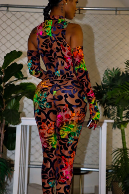 Multicolor Floral Print Tank Gloves Skinny Party Jumpsuit