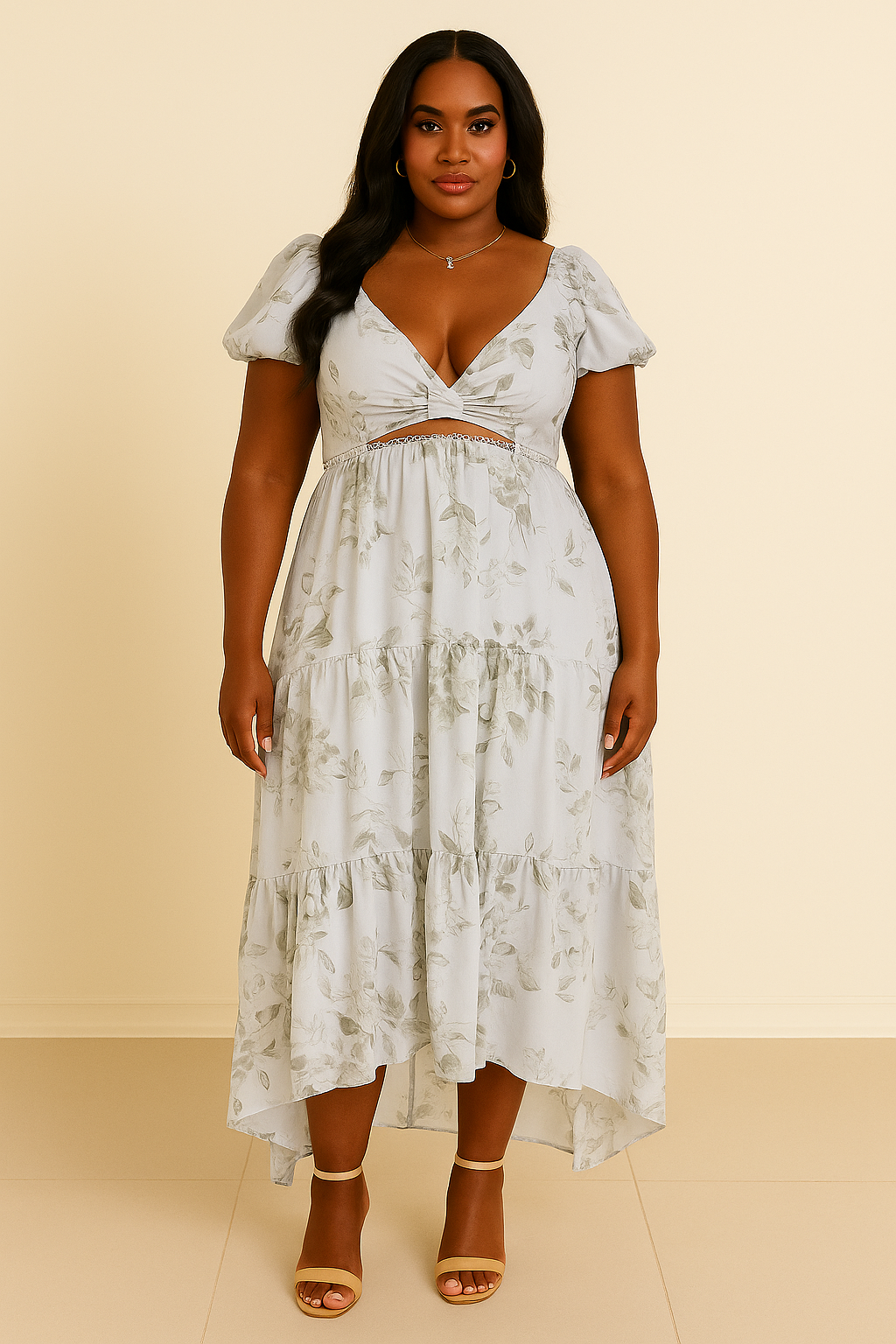 Pearl Halterneck Printed High Slit V-neck Dress