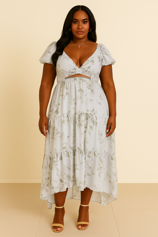 Pearl Halterneck Printed High Slit V-neck Dress