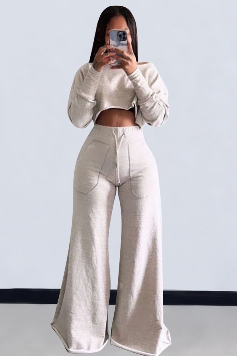 Plain Long Sleeve Crop Sweatshirt Pocket Wide Leg Pants Matching Set-Grey