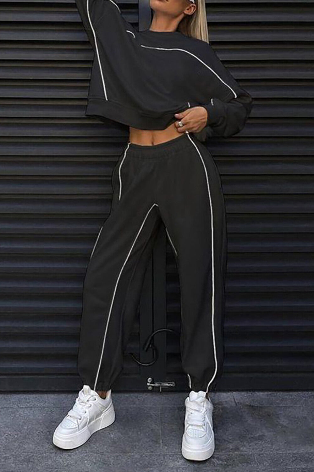 Contrast Piping Long Sleeve Sweatshirt Casual Jogger Pants 2pcs Set-Black