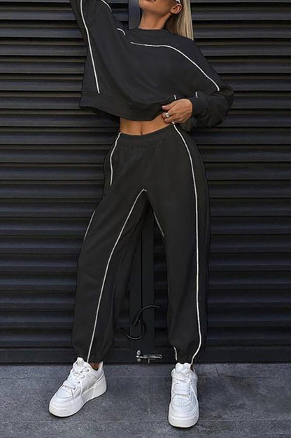 Contrast Piping Long Sleeve Sweatshirt Casual Jogger Pants 2pcs Set-Black