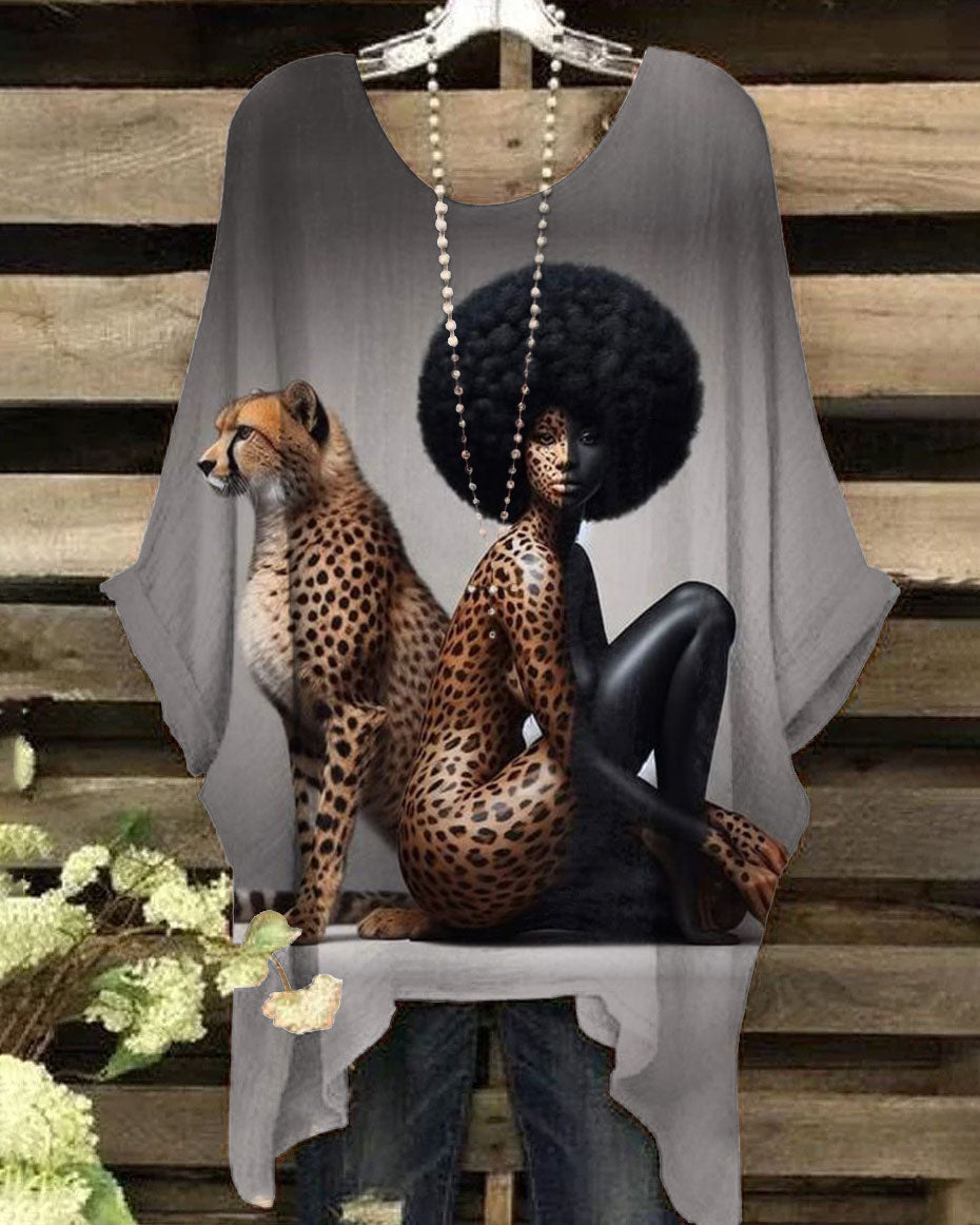 Women's Leopard and Afro Girl Print Irregular Shirt